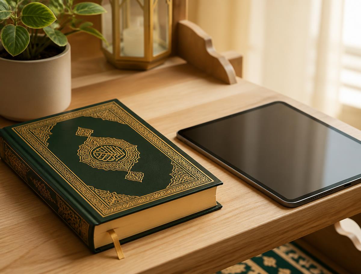 مصحف مقفول على مكتب خشبي مع تابلت
